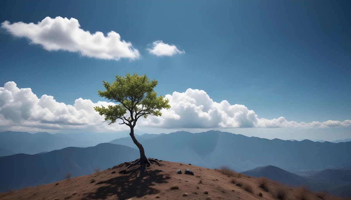 A Tree On Top Of The Earth With Clouds Below And A Blue Sky With Clouds In The Background Mountains On The Right 4 8adc