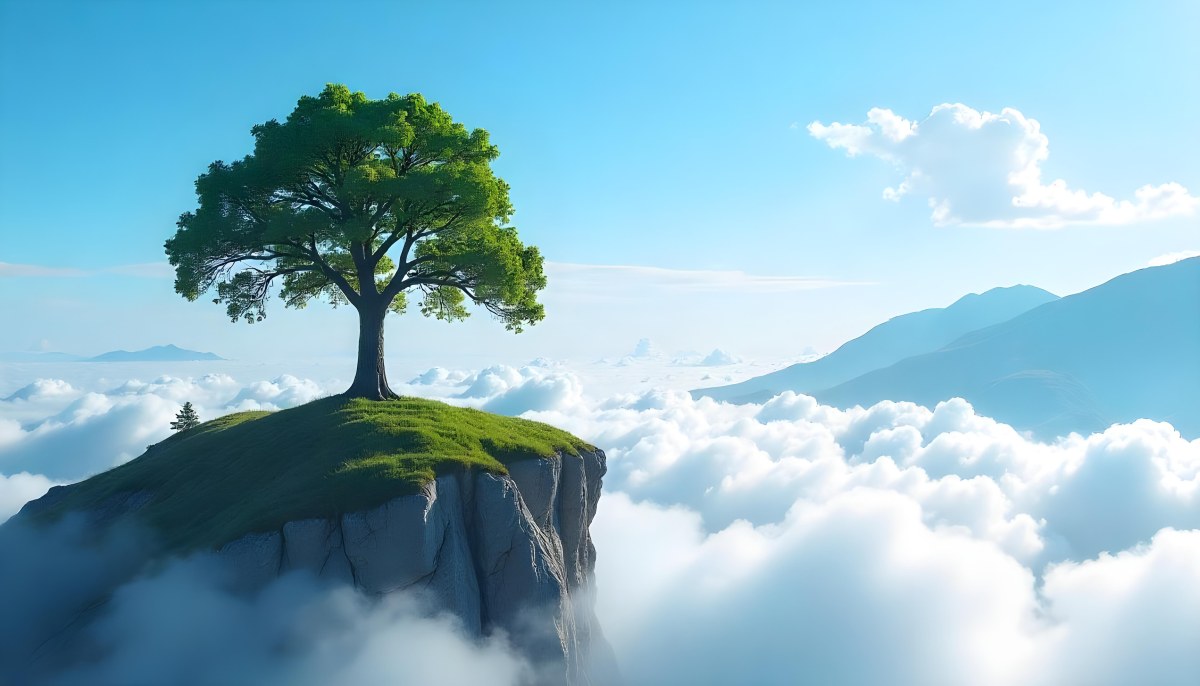 A Tree On Top Of The Earth With Clouds Below And A Blue Sky With Clouds In The Background Mountains On The Right 43 C318