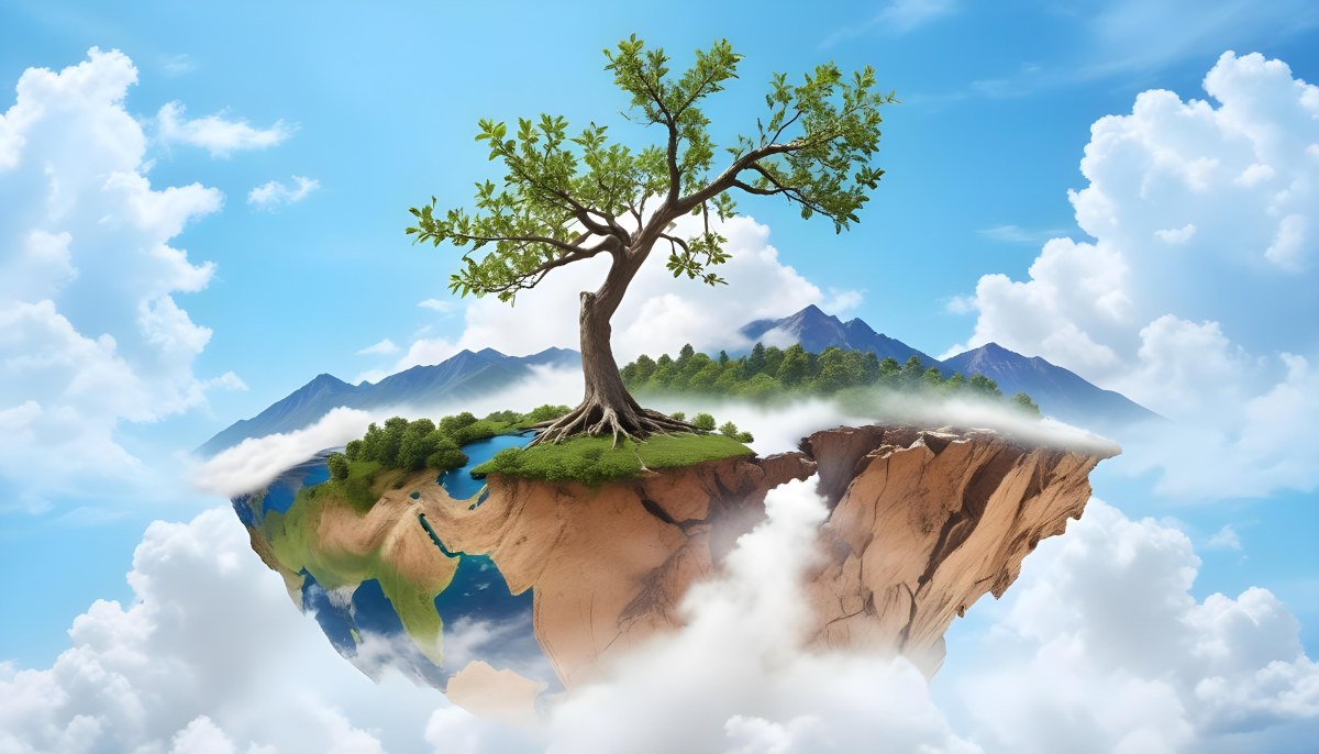 A Tree On Top Of The Earth With Clouds Below And A Blue Sky With Clouds In The Background Mountains On The Right 44 B2b6