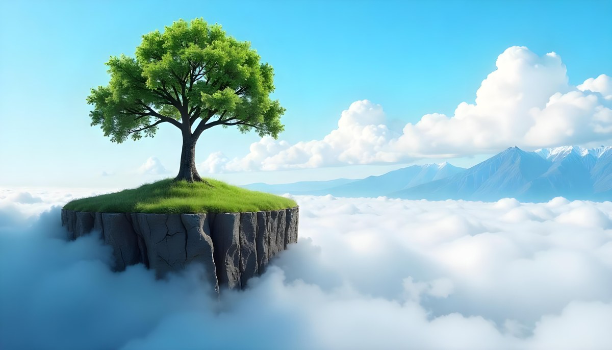 A Tree On Top Of The Earth With Clouds Below And A Blue Sky With Clouds In The Background Mountains On The Right 46 F84a