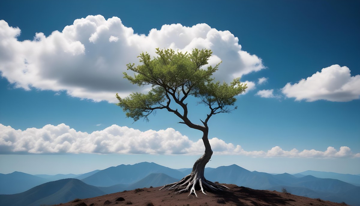 A Tree On Top Of The Earth With Clouds Below And A Blue Sky With Clouds In The Background Mountains On The Right 6 8feb