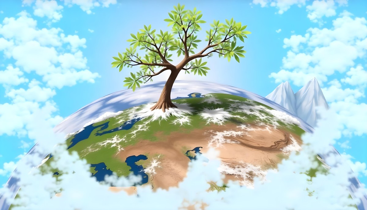 A Tree On Top Of The Earth With Clouds Below And A Blue Sky With Clouds In The Background Mountains On The Right 66 A0a2