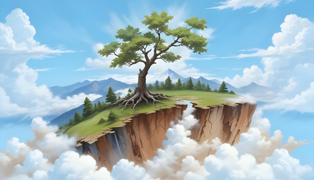 A Tree On Top Of The Earth With Clouds Below And A Blue Sky With Clouds In The Background Mountains On The Right 67 73ef