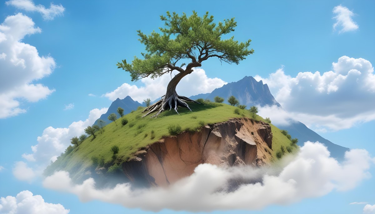 A Tree On Top Of The Earth With Clouds Below And A Blue Sky With Clouds In The Background Mountains On The Right 67 Bfdf
