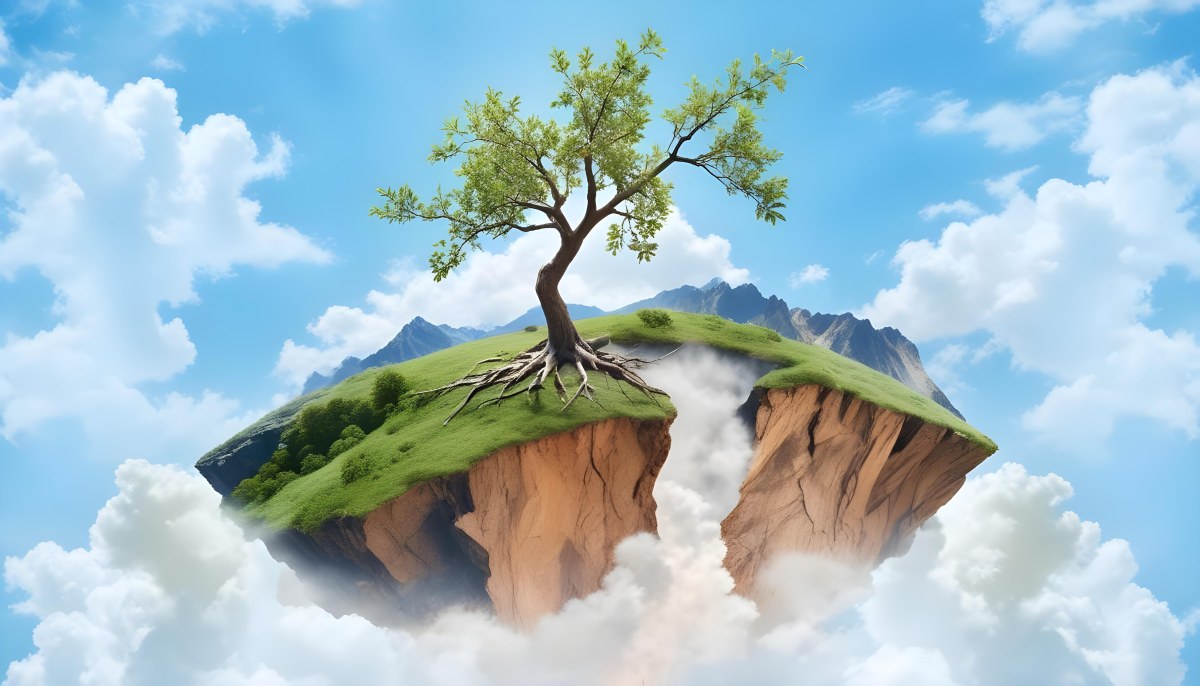 A Tree On Top Of The Earth With Clouds Below And A Blue Sky With Clouds In The Background Mountains On The Right 68 19c1