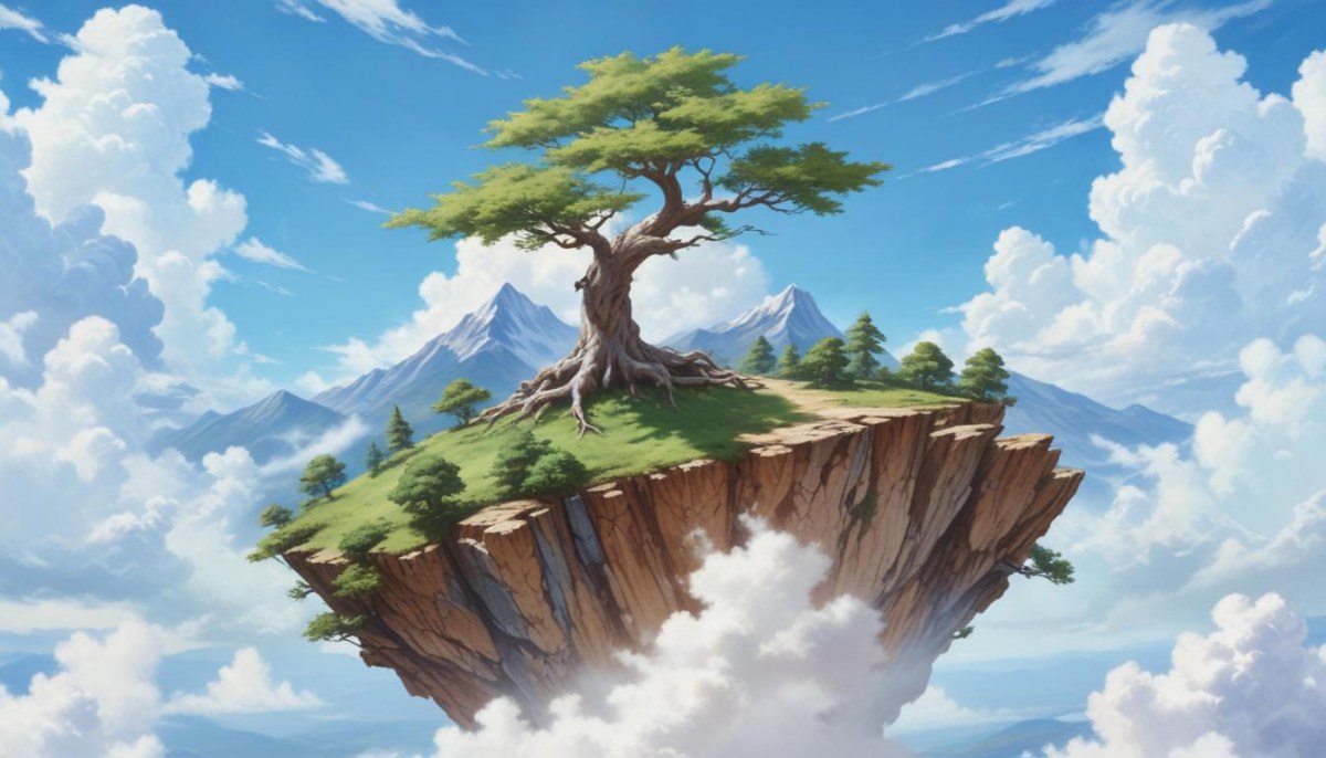 A Tree On Top Of The Earth With Clouds Below And A Blue Sky With Clouds In The Background Mountains On The Right 7 069e