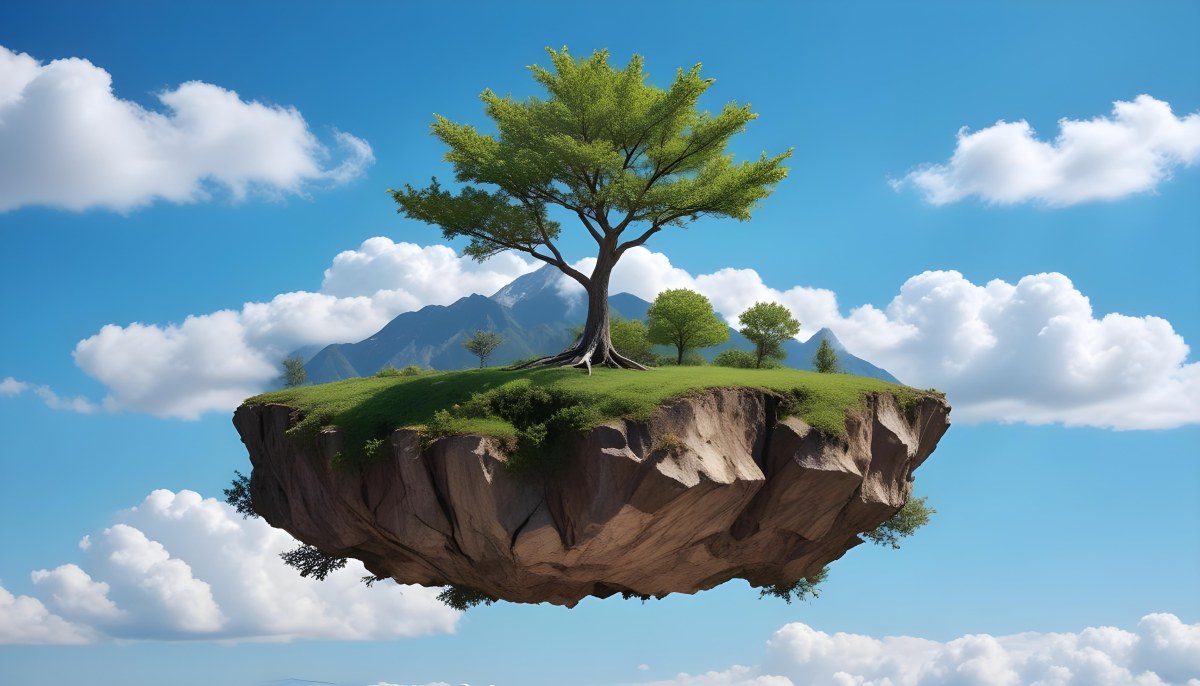 A Tree On Top Of The Earth With Clouds Below And A Blue Sky With Clouds In The Background Mountains On The Right 7 Edfa