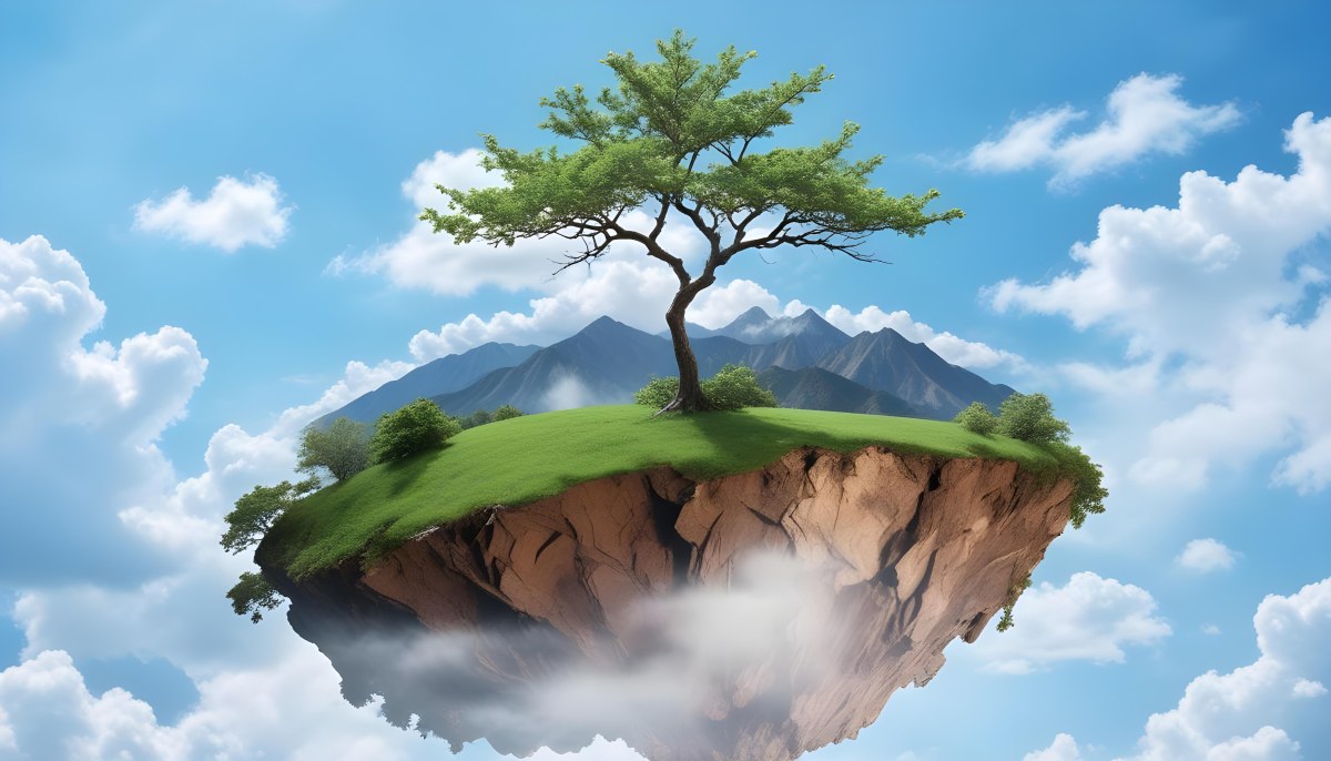 A Tree On Top Of The Earth With Clouds Below And A Blue Sky With Clouds In The Background Mountains On The Right 70 C389