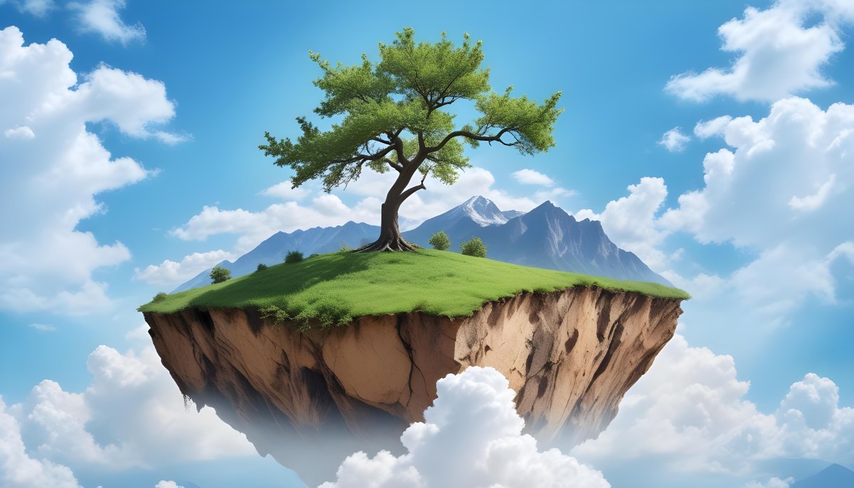 A Tree On Top Of The Earth With Clouds Below And A Blue Sky With Clouds In The Background Mountains On The Right 71 863e