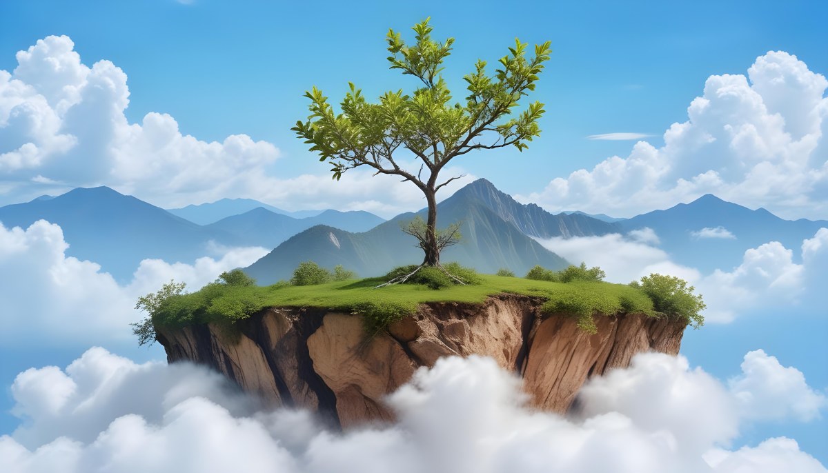 A Tree On Top Of The Earth With Clouds Below And A Blue Sky With Clouds In The Background Mountains On The Right 8 2e60