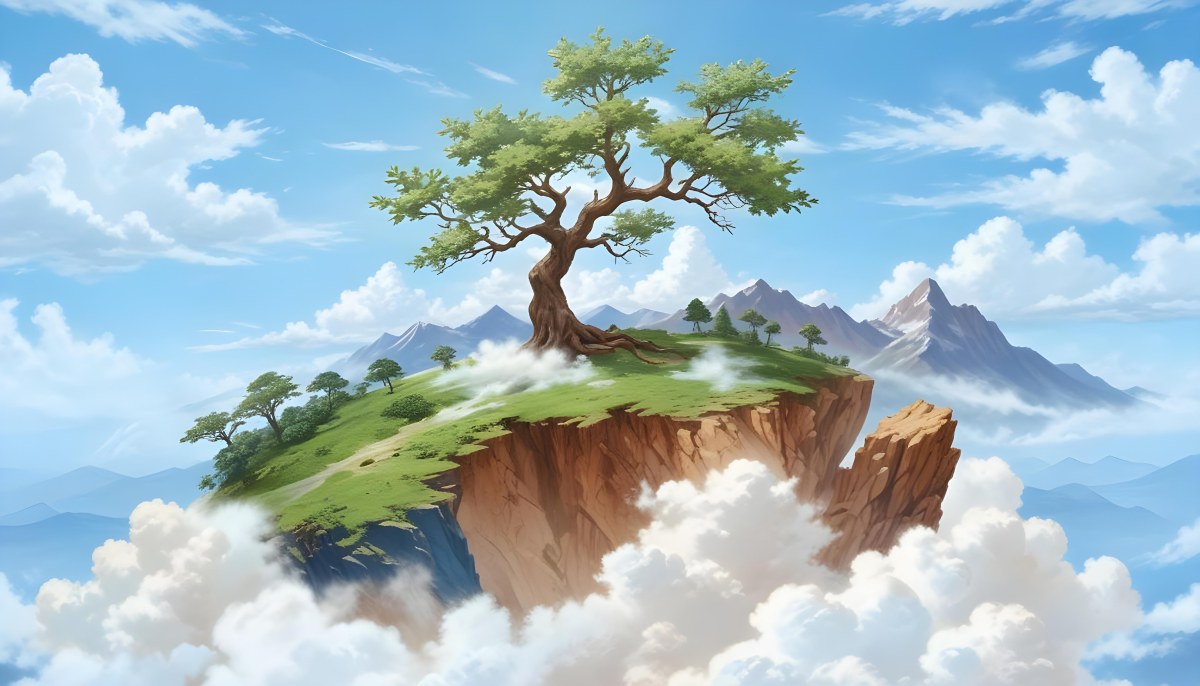 A Tree On Top Of The Earth With Clouds Below And A Blue Sky With Clouds In The Background Mountains On The Right 8 3501