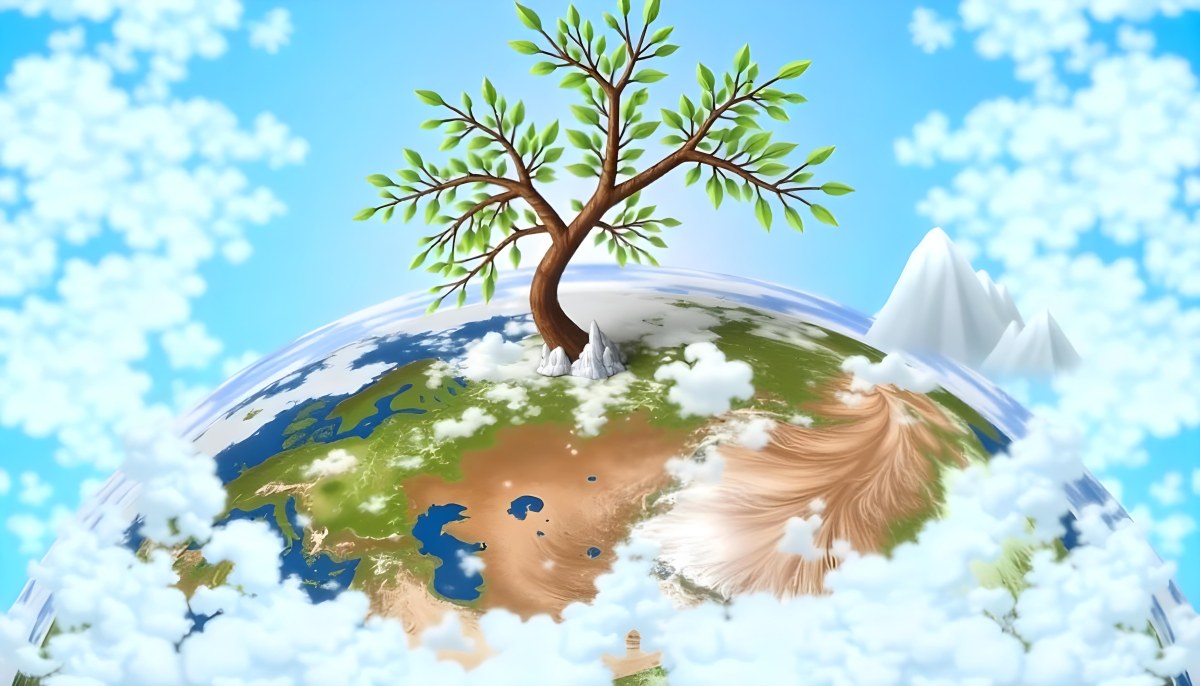 A Tree On Top Of The Earth With Clouds Below And A Blue Sky With Clouds In The Background Mountains On The Right 9 32b4