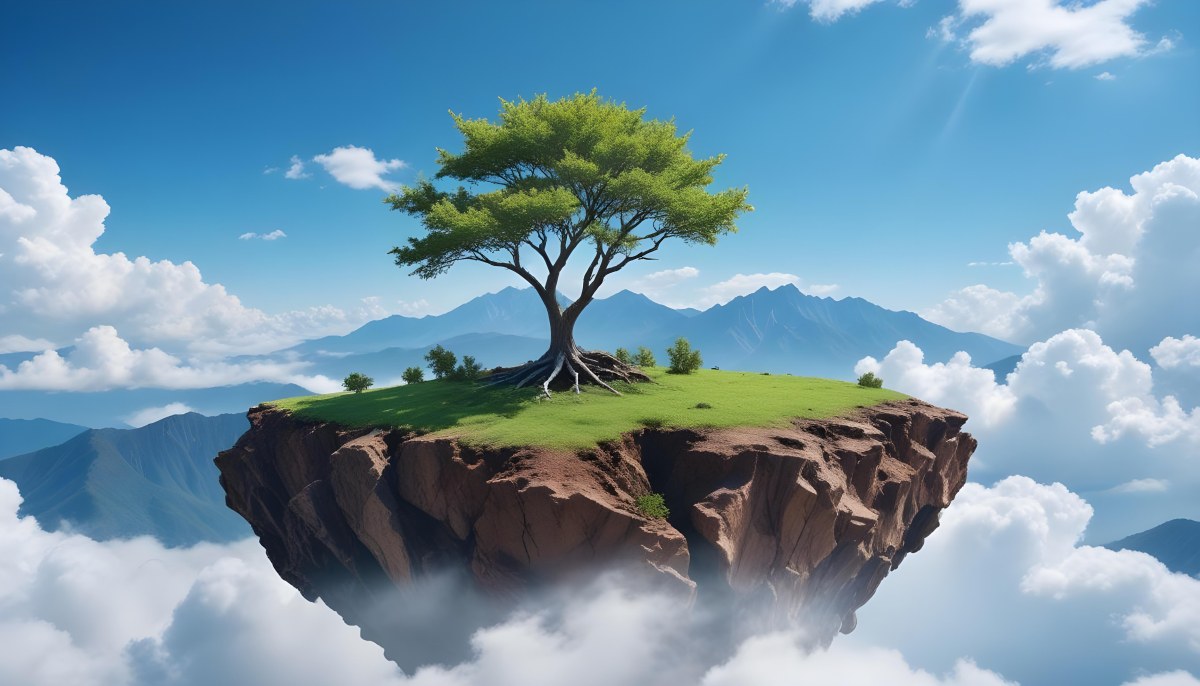 A Tree On Top Of The Earth With Clouds Below And A Blue Sky With Clouds In The Background Mountains On The Right 9 899c