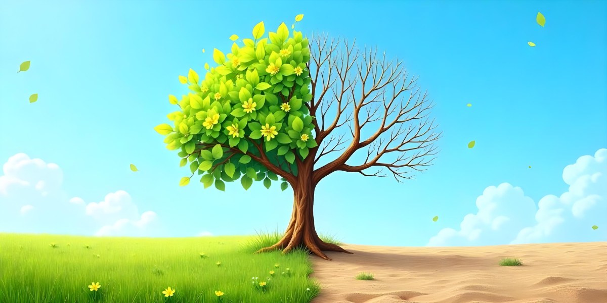 A Tree With Half Green Leaves And Half Dry Branches In A Field With Half Green Grass And Half Dry Land Under A Blue Sky 11 2919