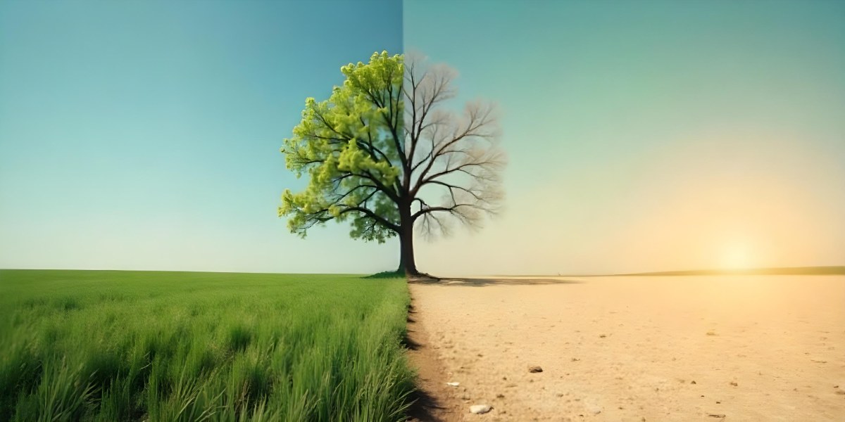 A Tree With Half Green Leaves And Half Dry Branches In A Field With Half Green Grass And Half Dry Land Under A Blue Sky 14 Dd97