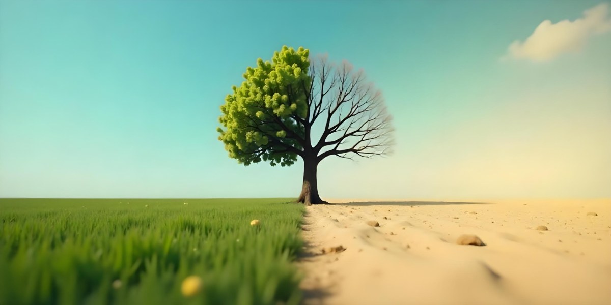 A Tree With Half Green Leaves And Half Dry Branches In A Field With Half Green Grass And Half Dry Land Under A Blue Sky 14 E0d9
