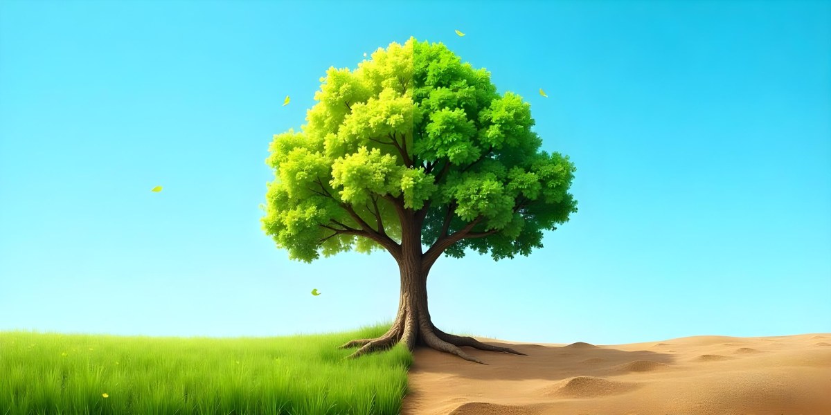 A Tree With Half Green Leaves And Half Dry Branches In A Field With Half Green Grass And Half Dry Land Under A Blue Sky 19 C963