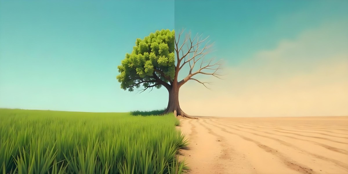 A Tree With Half Green Leaves And Half Dry Branches In A Field With Half Green Grass And Half Dry Land Under A Blue Sky 20 Bae7