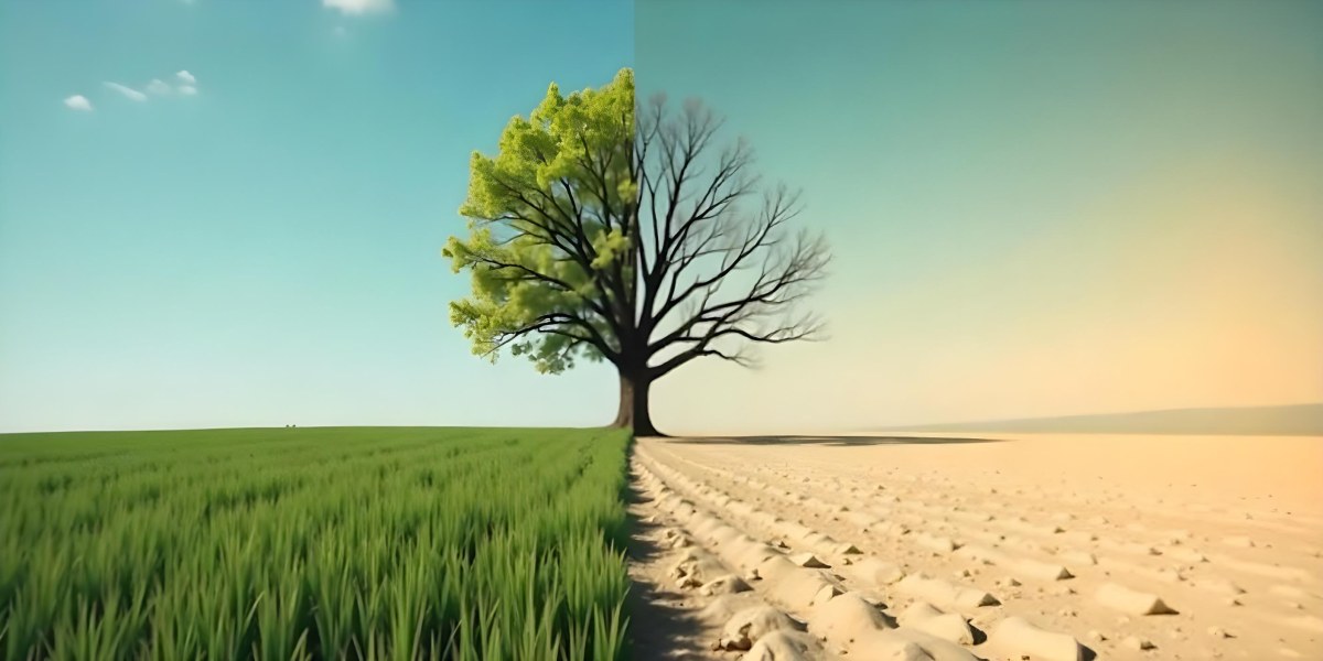 A Tree With Half Green Leaves And Half Dry Branches In A Field With Half Green Grass And Half Dry Land Under A Blue Sky 20 Dfaf