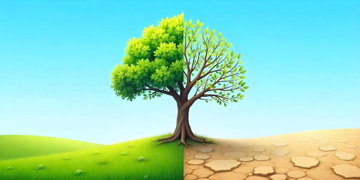 A Tree With Half Green Leaves And Half Dry Branches In A Field With Half Green Grass And Half Dry Land Under A Blue Sky 21 6a84