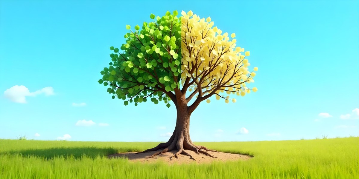 A Tree With Half Green Leaves And Half Dry Branches In A Field With Half Green Grass And Half Dry Land Under A Blue Sky 23 2228