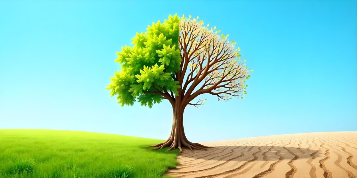 A Tree With Half Green Leaves And Half Dry Branches In A Field With Half Green Grass And Half Dry Land Under A Blue Sky 24 142d