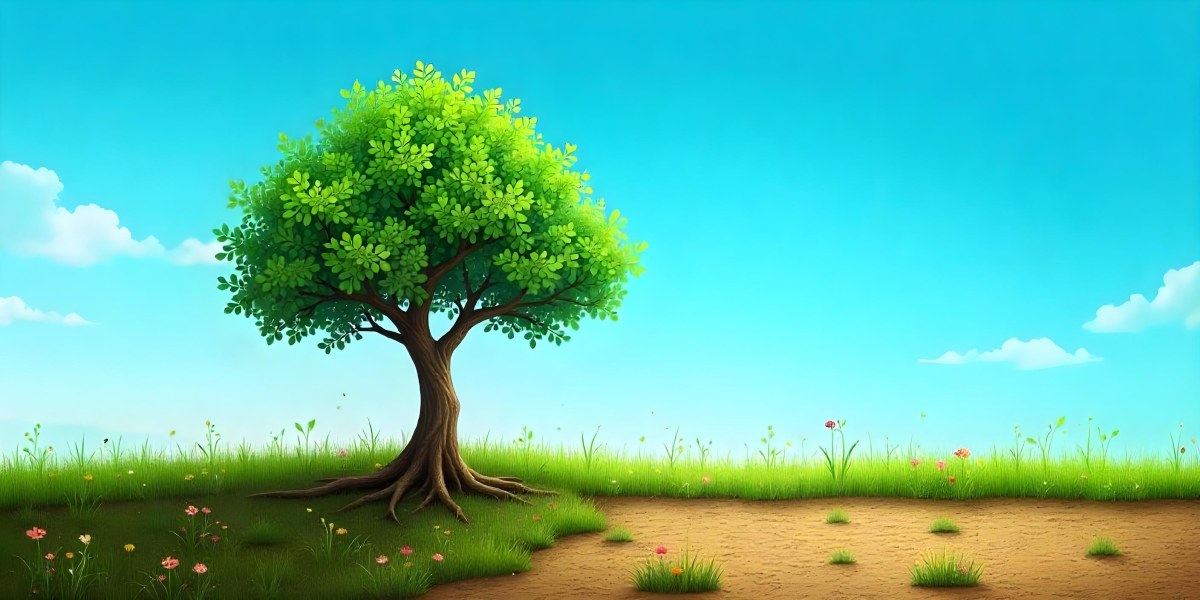 A Tree With Half Green Leaves And Half Dry Branches In A Field With Half Green Grass And Half Dry Land Under A Blue Sky 32 E351