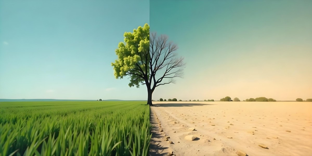 A Tree With Half Green Leaves And Half Dry Branches In A Field With Half Green Grass And Half Dry Land Under A Blue Sky 4 D6e0