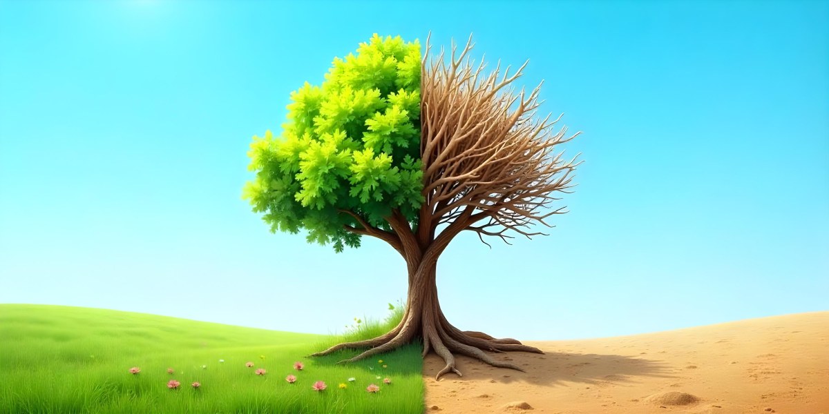 A Tree With Half Green Leaves And Half Dry Branches In A Field With Half Green Grass And Half Dry Land Under A Blue Sky 42 B27e