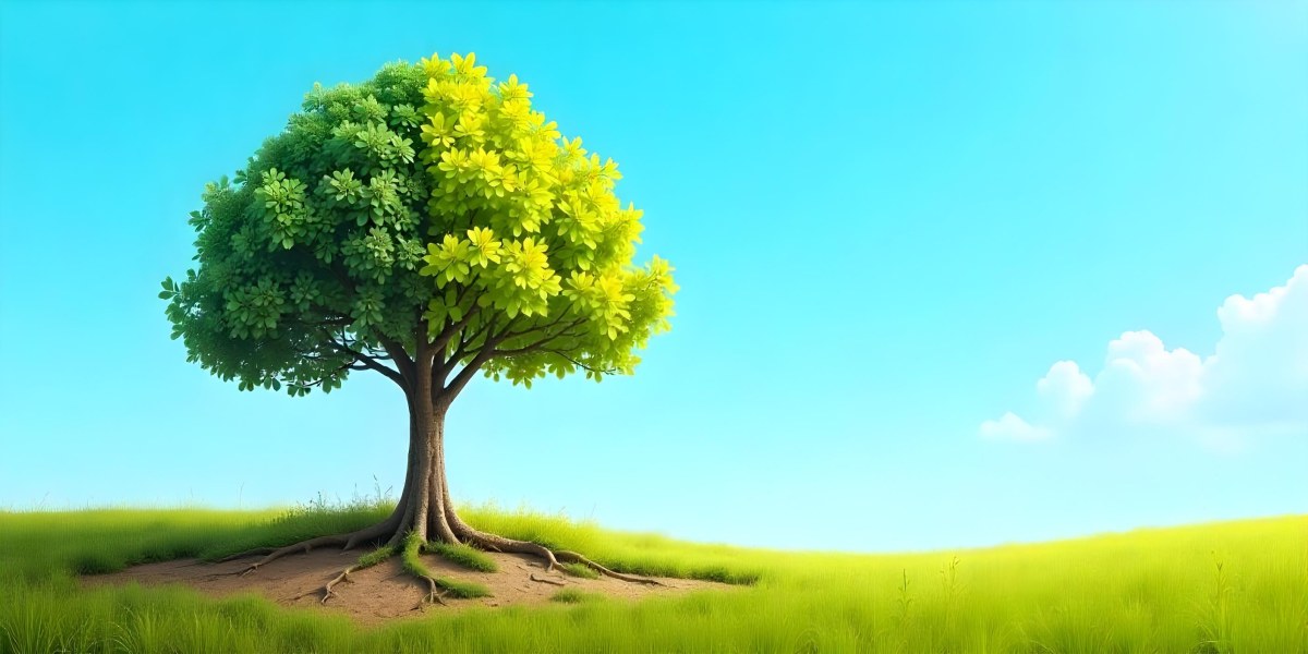 A Tree With Half Green Leaves And Half Dry Branches In A Field With Half Green Grass And Half Dry Land Under A Blue Sky 43 E73f