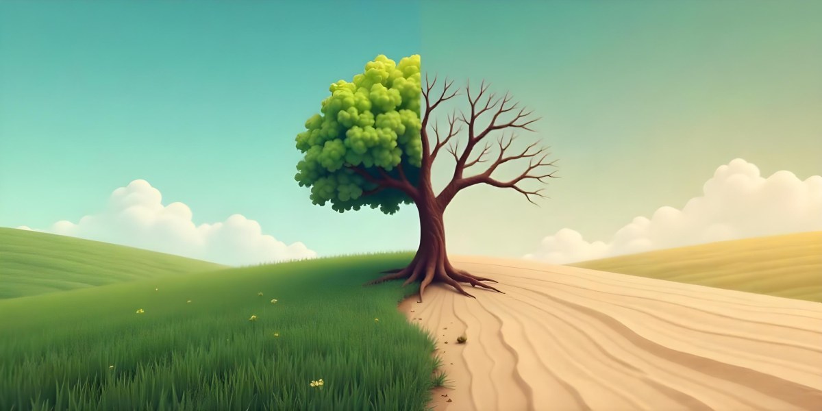 A Tree With Half Green Leaves And Half Dry Branches In A Field With Half Green Grass And Half Dry Land Under A Blue Sky 45 Fecc