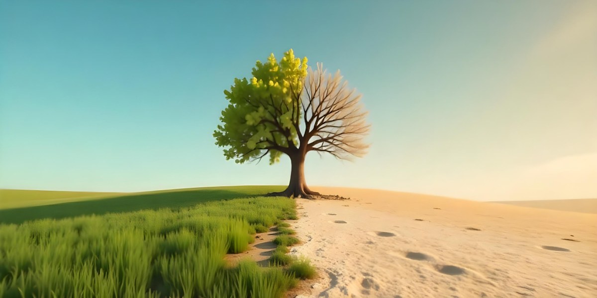 A Tree With Half Green Leaves And Half Dry Branches In A Field With Half Green Grass And Half Dry Land Under A Blue Sky 47 F365