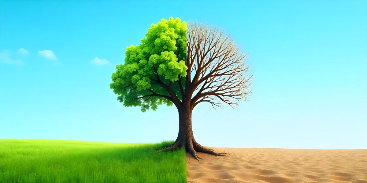 A Tree With Half Green Leaves And Half Dry Branches In A Field With Half Green Grass And Half Dry Land Under A Blue Sky 48 8638