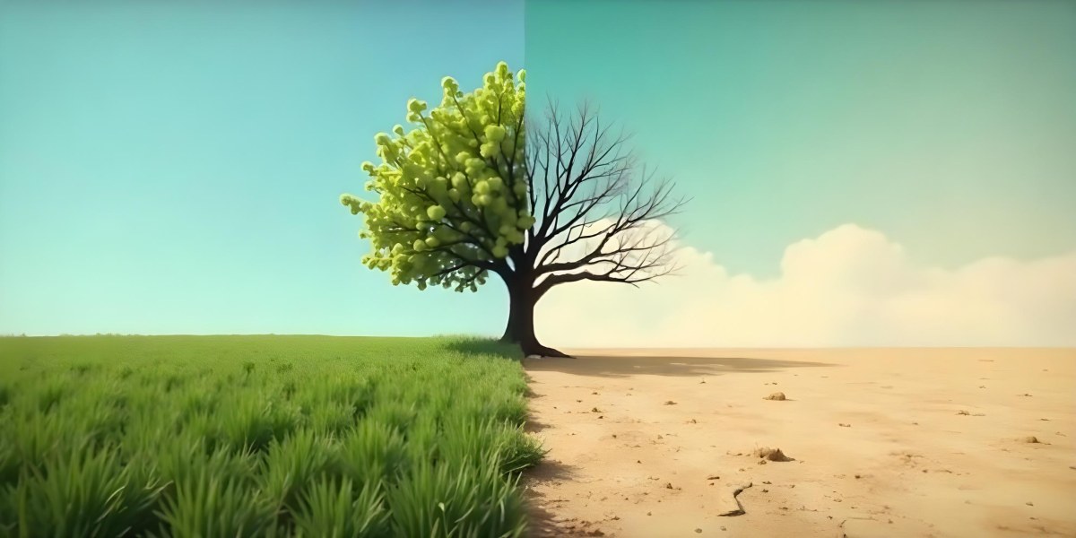 A Tree With Half Green Leaves And Half Dry Branches In A Field With Half Green Grass And Half Dry Land Under A Blue Sky 6 37ec