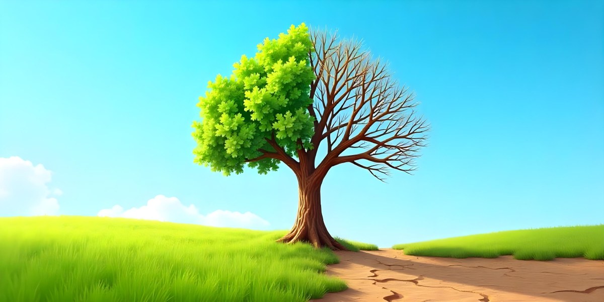 A Tree With Half Green Leaves And Half Dry Branches In A Field With Half Green Grass And Half Dry Land Under A Blue Sky 7 1895