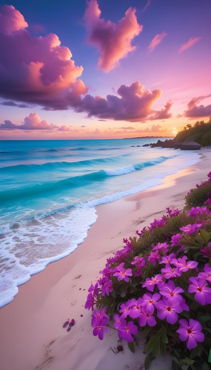 A Tropical Beach With Vibrant Purple Flowers In The Foreground Turquoise Blue Ocean Waves And A Colorful Sunset Sky With Pink And Purple Clouds 11 Bb20