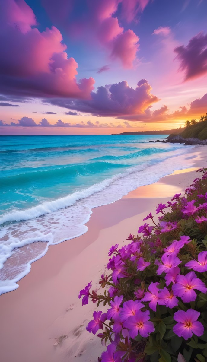 A Tropical Beach With Vibrant Purple Flowers In The Foreground Turquoise Blue Ocean Waves And A Colorful Sunset Sky With Pink And Purple Clouds 2 58f9