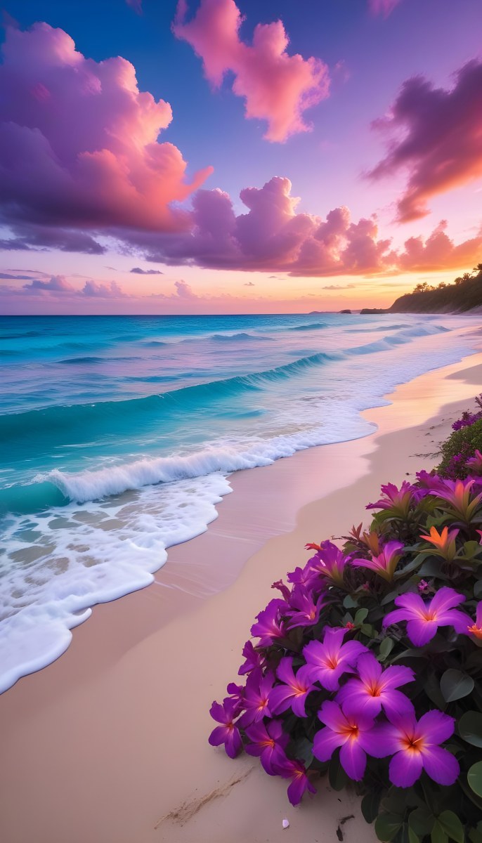 A Tropical Beach With Vibrant Purple Flowers In The Foreground Turquoise Blue Ocean Waves And A Colorful Sunset Sky With Pink And Purple Clouds 3 0e98