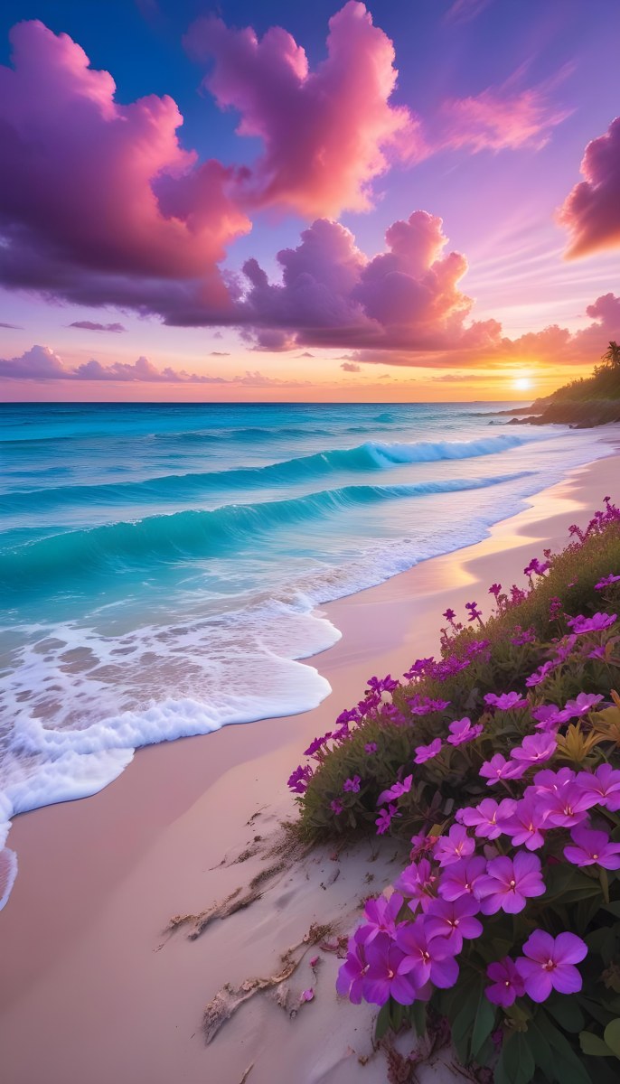 A Tropical Beach With Vibrant Purple Flowers In The Foreground Turquoise Blue Ocean Waves And A Colorful Sunset Sky With Pink And Purple Clouds 4 Cea3