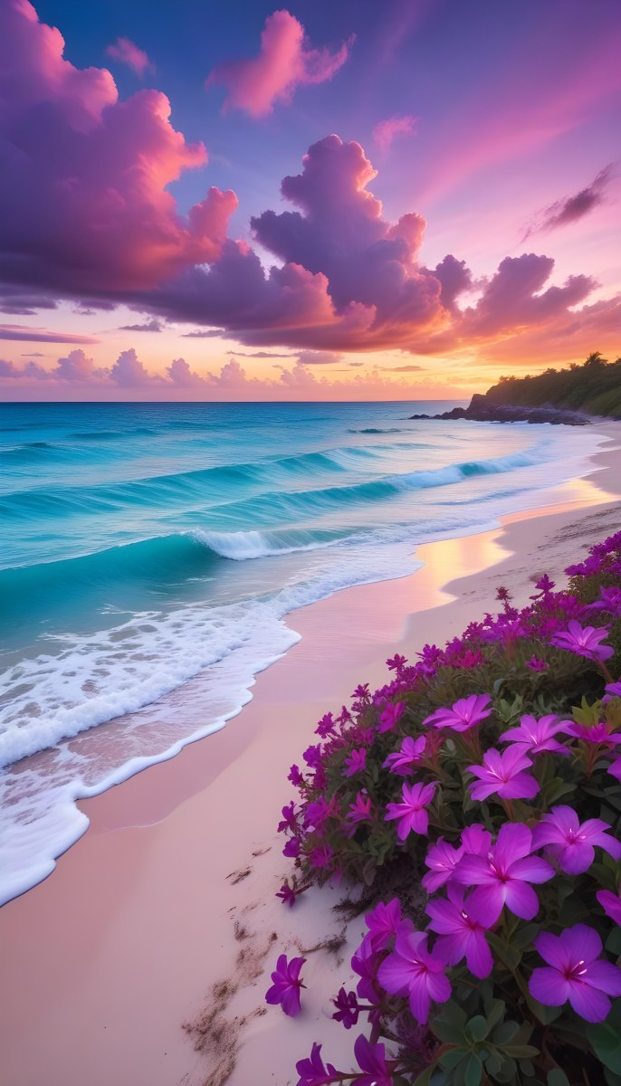 A Tropical Beach With Vibrant Purple Flowers In The Foreground Turquoise Blue Ocean Waves And A Colorful Sunset Sky With Pink And Purple Clouds 6 3ff7