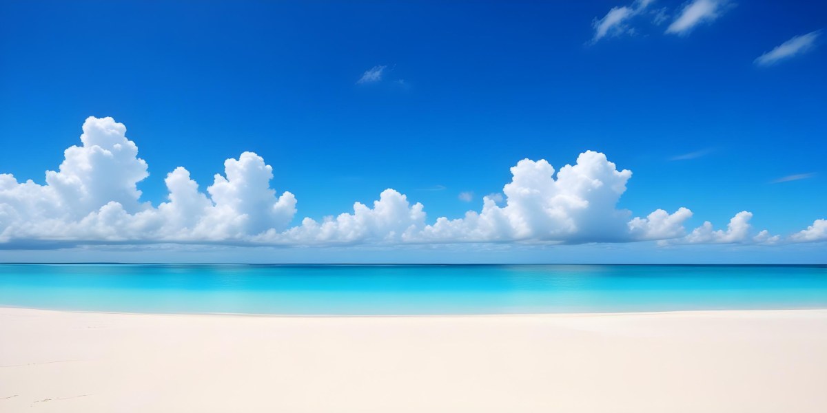 A Tropical Beach With White Sand Turquoise Water And A Clear Blue Sky With Fluffy White Clouds 12 70bc