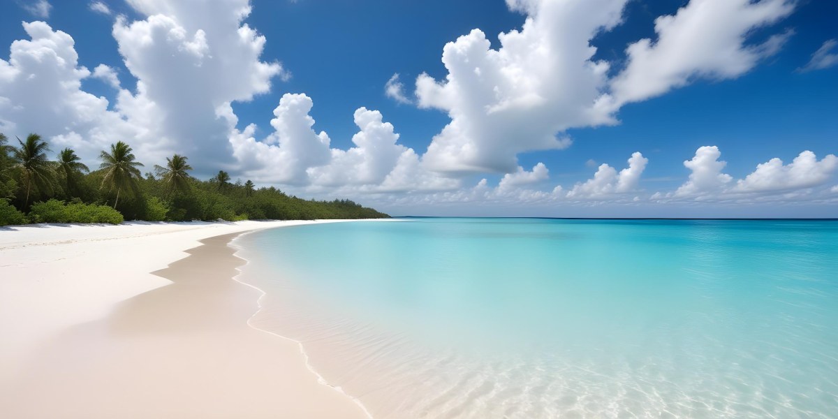 A Tropical Beach With White Sand Turquoise Water And A Clear Blue Sky With Fluffy White Clouds 13 0838