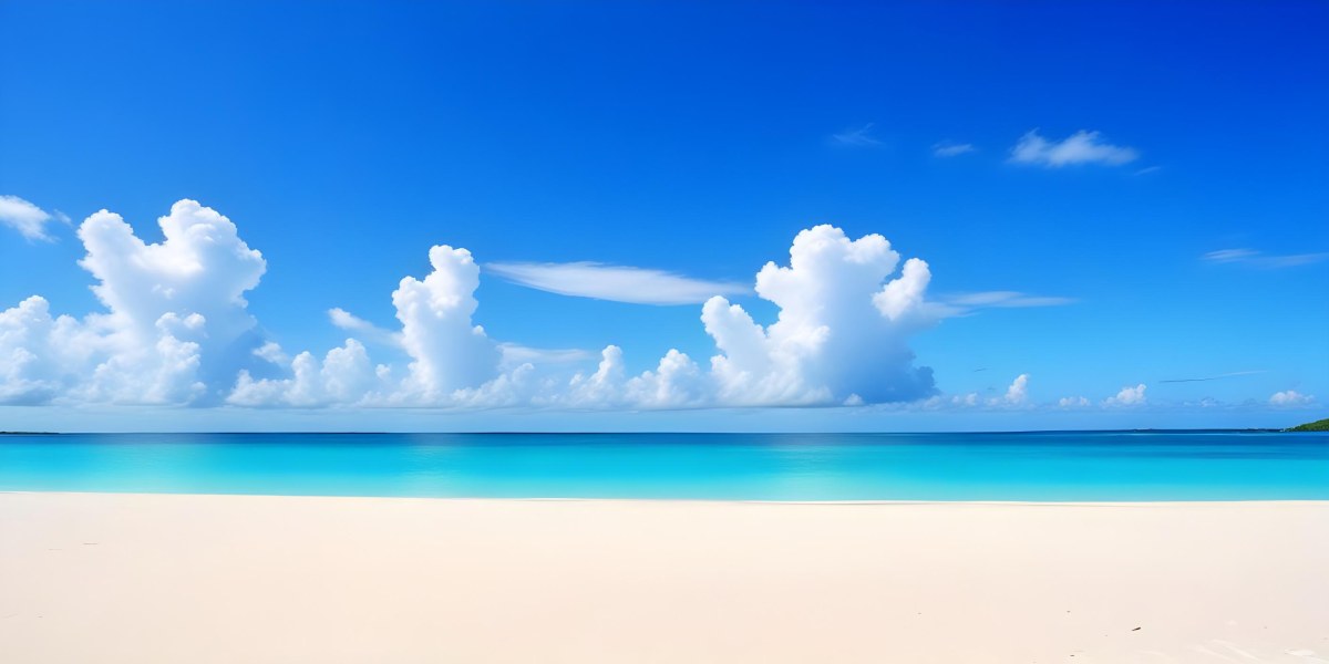A Tropical Beach With White Sand Turquoise Water And A Clear Blue Sky With Fluffy White Clouds 17 7931