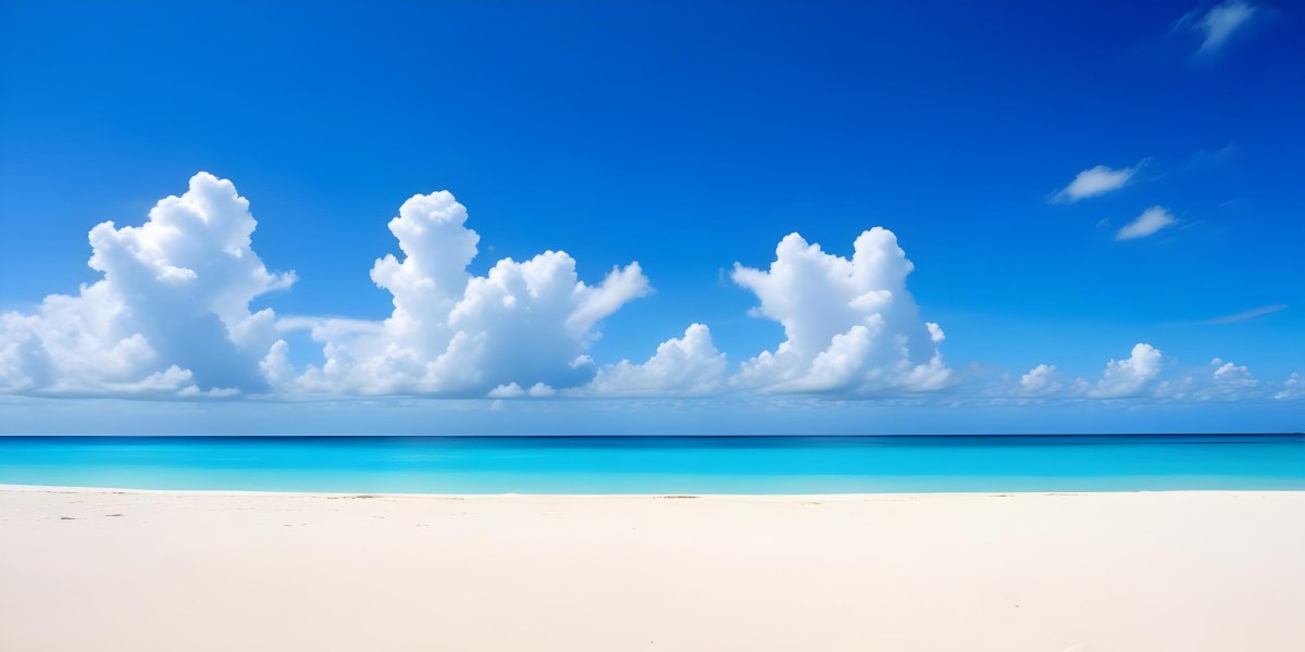 A Tropical Beach With White Sand Turquoise Water And A Clear Blue Sky With Fluffy White Clouds 19 F47a