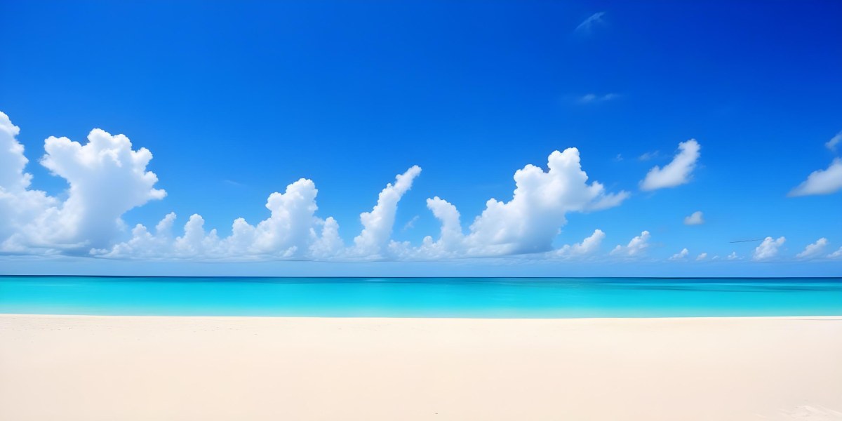 A Tropical Beach With White Sand Turquoise Water And A Clear Blue Sky With Fluffy White Clouds 20 Bfc2