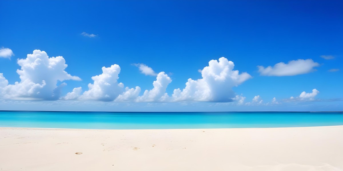 A Tropical Beach With White Sand Turquoise Water And A Clear Blue Sky With Fluffy White Clouds 22 6c04