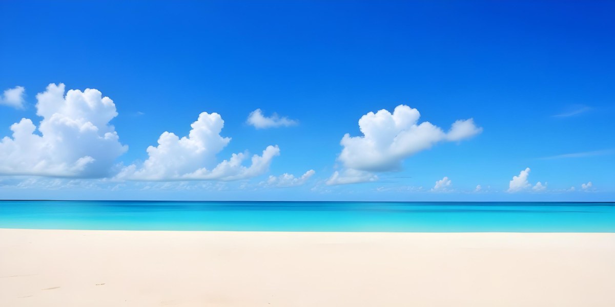 A Tropical Beach With White Sand Turquoise Water And A Clear Blue Sky With Fluffy White Clouds 23 D045