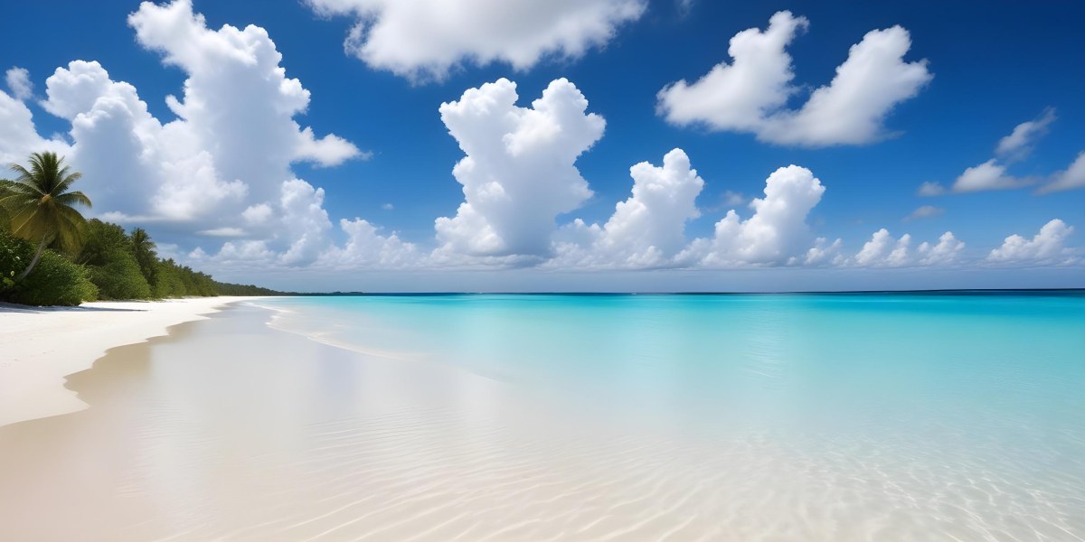 A Tropical Beach With White Sand Turquoise Water And A Clear Blue Sky With Fluffy White Clouds 3 B5a4