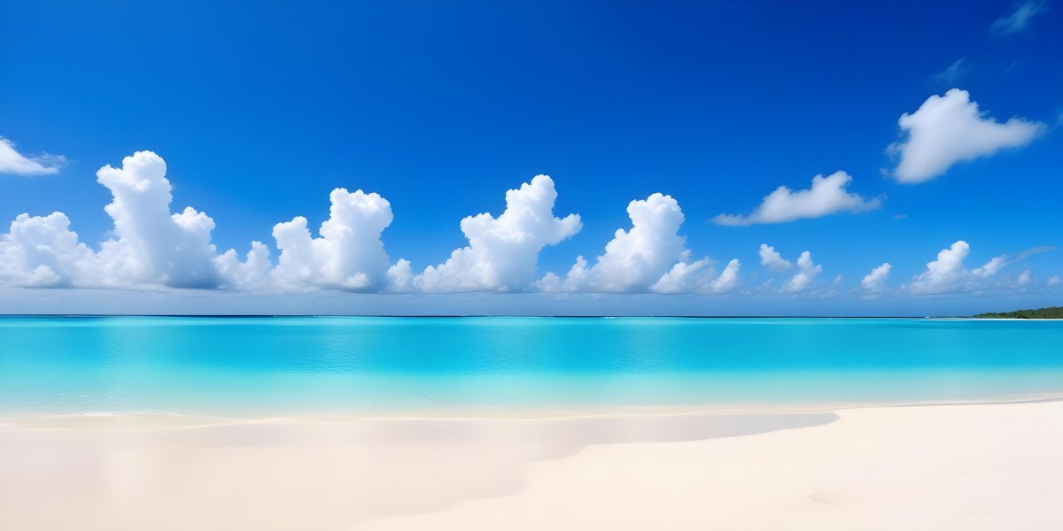 A Tropical Beach With White Sand Turquoise Water And A Clear Blue Sky With Fluffy White Clouds 4 1ca7
