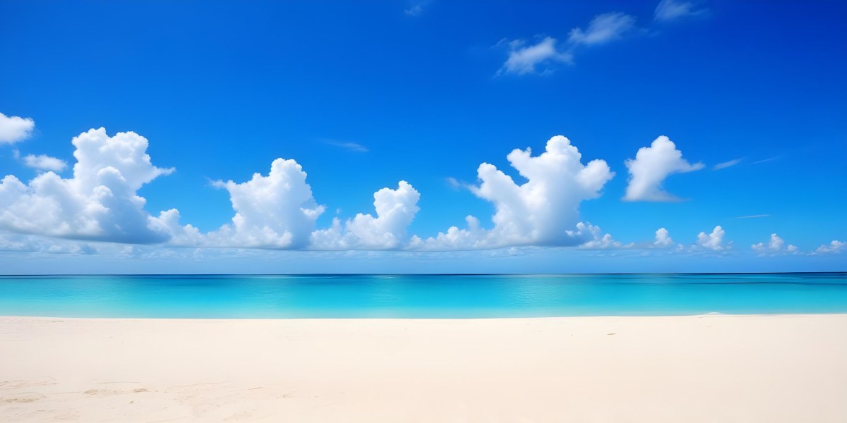 A Tropical Beach With White Sand Turquoise Water And A Clear Blue Sky With Fluffy White Clouds 5 9a7f